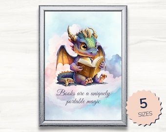 Dragon Reading Art Print | Book Lover Gift (Digital Download)