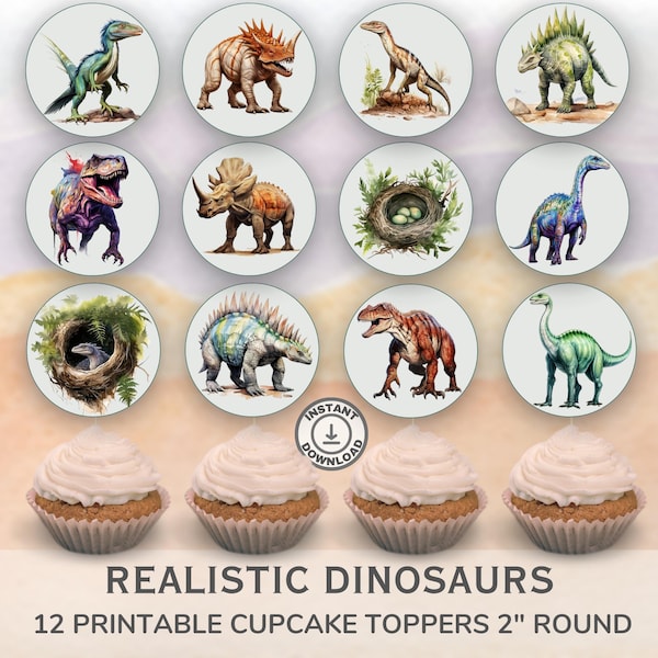 Printable Dinosaurs cupcake toppers. Set of 12 fun designs. Perfect for birthday or celebration.  Instant Download.