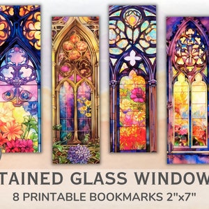 Printable Stained Glass Windows Bookmarks. Watercolor glass and flowers. Bookmark bundle of 8 for book lovers. Instant Download