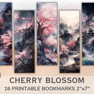 Druckbare Kirschblüten Lesezeichen. Aquarell japanische Pagode und Bäume. Lesezeichen Bundle mit 16 Stück für Buchliebhaber. Sofort Download