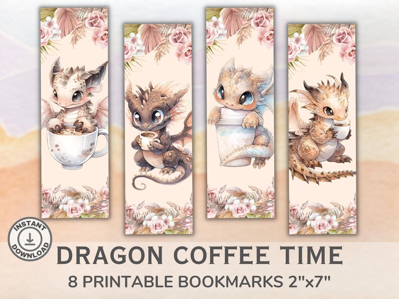 Printable Dragons Drinking Coffee Bookmarks Set of 8. Printable Cute ...