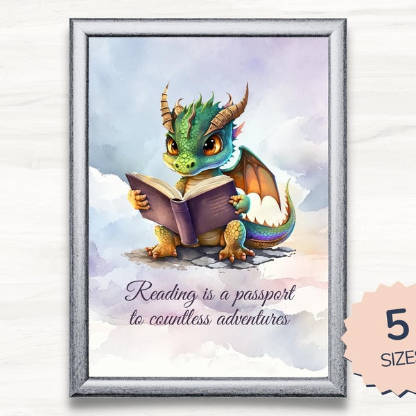 Dragon Reading Art Print. Reader Art Work. Bookworm or Librarian Gift. Reading Cute Baby Dragon. Fantasy Book Lover Print. Instant Download.