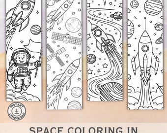 Marcadores de colorir espaciais: designs de foguetes e planetas para imprimir (download digital)