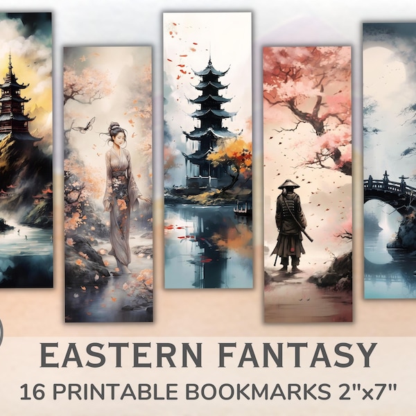 Printable Eastern Fantasy Bookmarks Set of 16. Watercolor Japanese Art. Bookmark bundle of 16 for book lovers. Instant Download