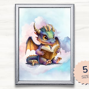 Dragon Reading Art Print. Reader Art Work. Bookworm or Librarian Gift. Reading Cute Baby Dragon. Fantasy Book Lover Print. Instant Download.