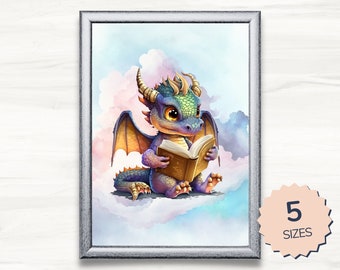 Dragon Reading Art Print, Cute Fantasy Book Lover Gift (Digital Download)
