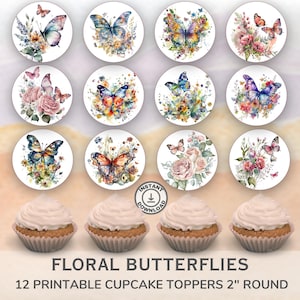 Printable Floral Butterflies cupcake toppers. Set of 12 fun designs. Perfect for birthday or celebration.  Instant Download.
