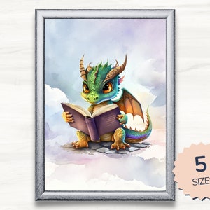 Dragon Reading Art Print. Reader Art Work. Bookworm or Librarian Gift. Reading Cute Baby Dragon. Fantasy Book Lover Print. Instant Download.