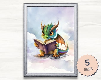 Dragon Reading Art Print, Cute Fantasy Book Lover Gift (Digital Download)