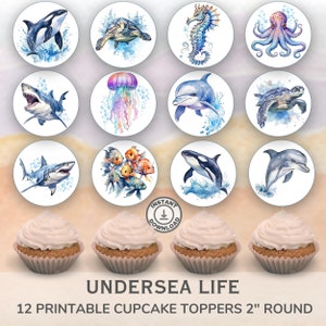 Printable Undersea Life cupcake toppers. Set of 12 fun designs. Perfect for birthday or celebration.  Instant Download.