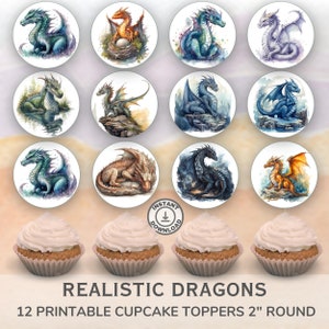 以下が含まれることがあります： 水彩で描かれたリアルなドラゴンが様々な色とポーズで描かれた、直径5cmの丸い印刷可能なカップケーキトッパー12個。ドラゴンをテーマにしたパーティーに最適です。