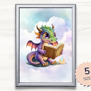 Dragon Reading Art Print. Reader Art Work. Bookworm or Librarian Gift. Reading Cute Baby Dragon. Fantasy Book Lover Print. Instant Download.