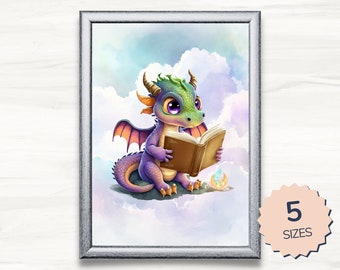 Dragon Reading Art Print, Cute Fantasy Book Lover Gift (Digital Download)