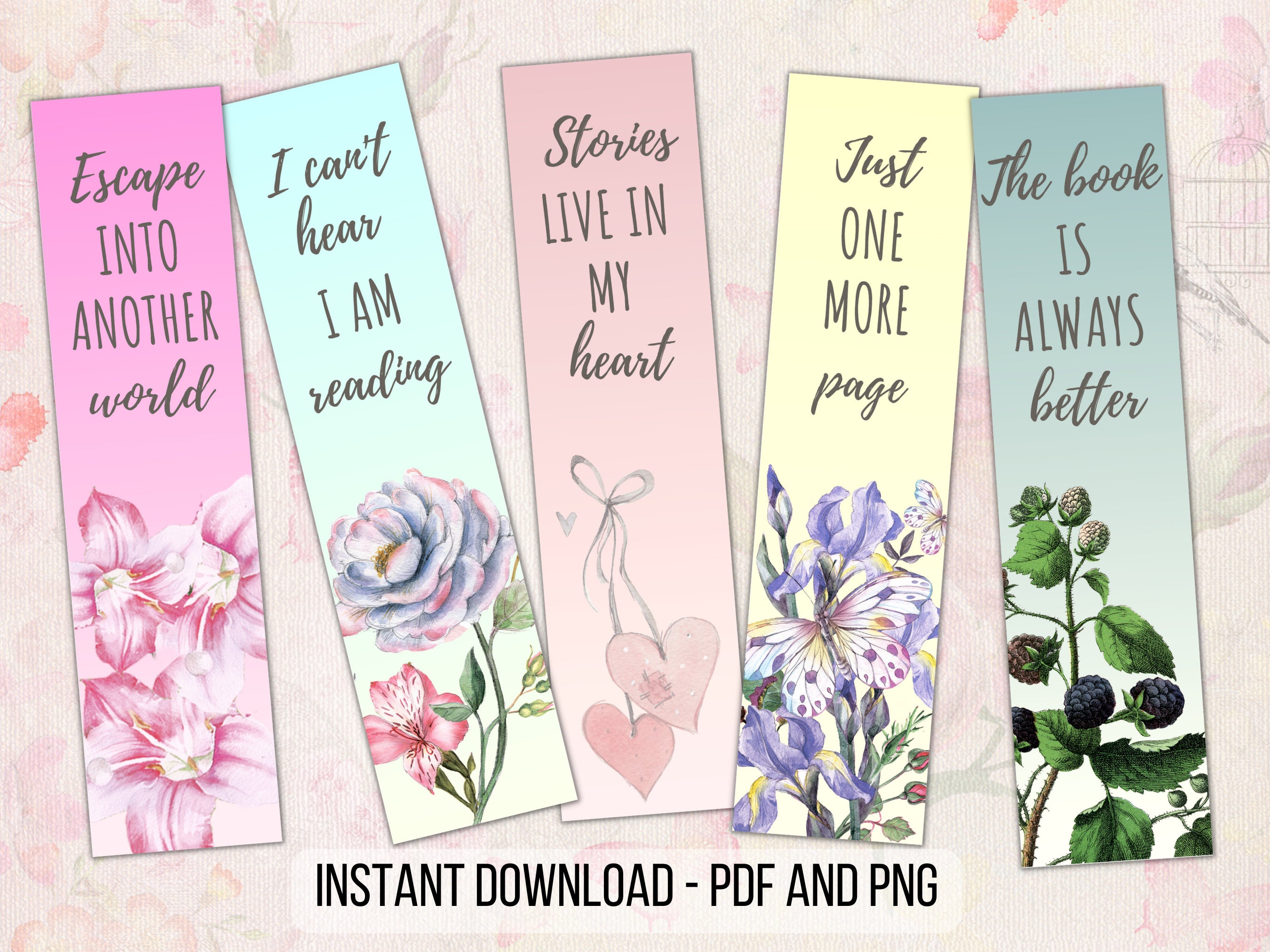 digital bookmarks set of 5 printable floral bookmarks make great librarian or bookworm gifts instant download