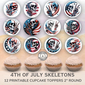 Printable 4th of July Skeletons Cupcake Toppers. Set of 12 fun designs. Perfect for patriotic celebrations.  Instant Download.