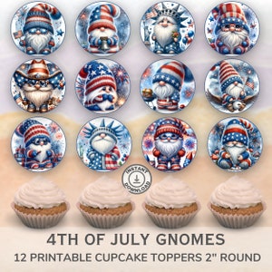 Printable 4th of July Gnomes Cupcake Toppers. Set of 12 fun designs. Perfect for patriotic celebrations.  Instant Download.