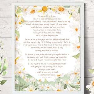 Puede incluir: Una pintura de acuarela de margaritas blancas con centros amarillos sobre un fondo verde. La pintura presenta un poema sobre vivir la vida al máximo y tomar más riesgos. El poema dice: "Si tuviera que volver a vivir mi vida, me atrevería a cometer más errores la próxima vez. Me relajaría, me soltaría. Sería más tonto de lo que he sido en este viaje. Tomaría menos cosas en serio. Asumiría más riesgos. Escalaría más montañas y nadaría en más ríos. Comería más helado y menos frijoles. Tal vez tendría más problemas reales, pero tendría menos problemas imaginarios."
