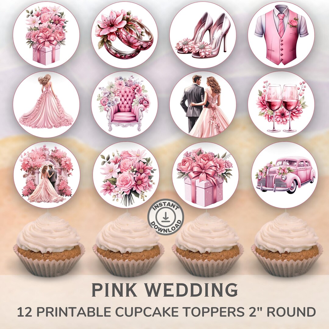 Printable Pink Wedding Cupcake Toppers. Set of 12 Fun Designs. Perfect ...