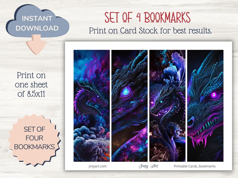 Dragon Printable Bookmarks Set of 4. Printable Dragon - Etsy