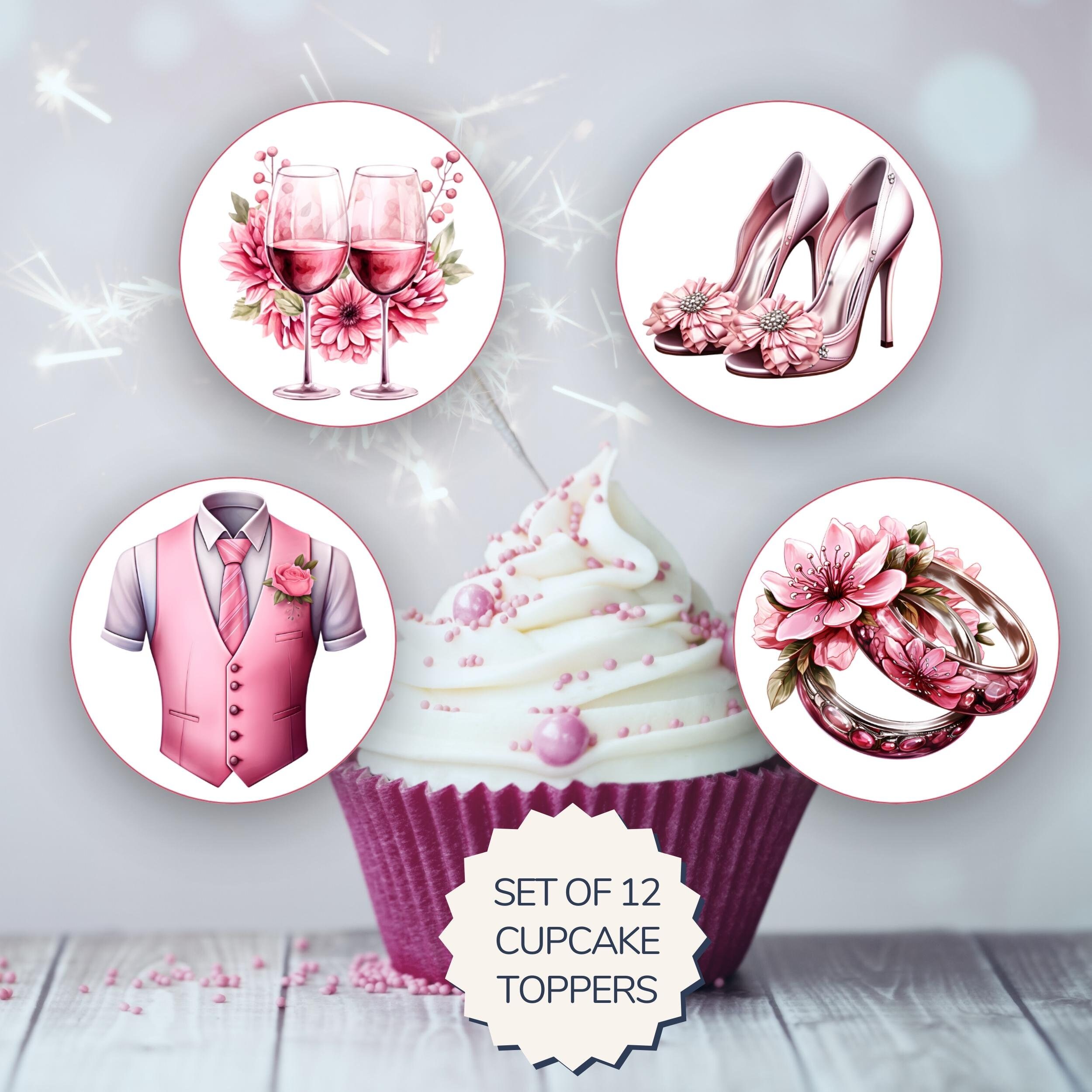 Printable Pink Wedding Cupcake Toppers. Set of 12 Fun Designs. Perfect ...