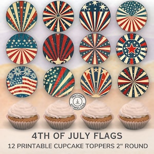 Printable 4th of July Flags Cupcake Toppers. Set of 12 fun designs. Perfect for patriotic celebrations.  Instant Download.