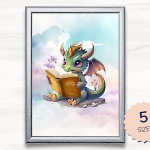Dragon Reading Art Print. Reader Art Work. Bookworm or Librarian Gift. Reading Cute Baby Dragon. Fantasy Book Lover Print. Instant Download.