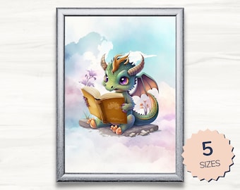 Dragon Reading Book Art Print, Fantasy Book Lover Gift (Digital Download)