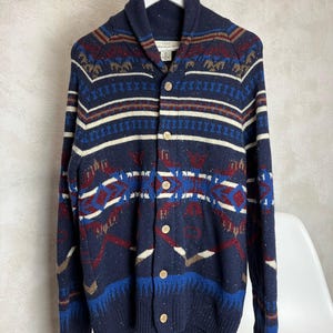 H&M L.O.G.G. Wool Blend Button Up Wool Cardigan Aztec Blanket Print Size L