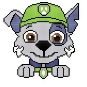 May include: A pixelated cartoon illustration of a gray and blue dog wearing a green hat with a paw print on it. The dog has brown eyes and a white patch on its ear. The dog is wearing a purple collar with a green tag.