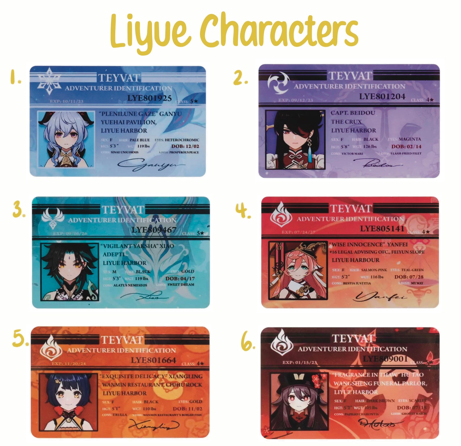 Genshin Impact Character ID Cards Etsy UK
