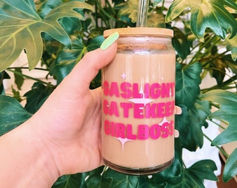 Gaslight Gatekeep Girlboss Glass - Libbey Glass Can - Trendy Glass - Iced Coffee