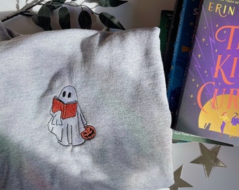 Embroidered Ghost Reading Crewneck - Ghost Sweater - Halloween Shirt - Booktok Shirt - Bookish Tee