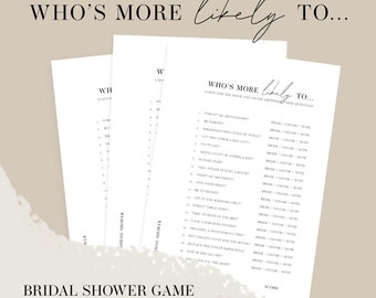 BRIDAL SHOWER GAME: Who's More Likely To | Instant Download, Minimalistic Black & White
