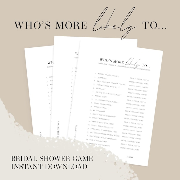BRIDAL SHOWER GAME: Who's More Likely To | Instant Download, Minimalistic Black & White