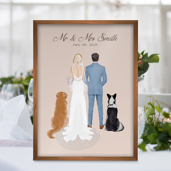 Personalized Couple Portrait With Pets,Wedding Gift,Dog,Wedding Keepsake,Gift For Couple,Valentines Day Gift,Anniversary Gift,Pet Print