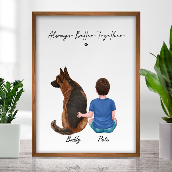 Personalized Wall Art of Boy and Dog, Dog Portrait, Pet Gifts, Baby Boy, Pet Painting, Funny Pet Lover Gift, Father Day Gift