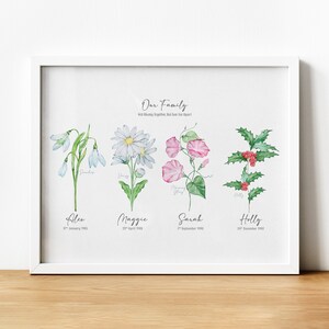 Family Birth Month Flower Gift, Hand Painted Watercolour Flowers, Grandma'S Garden, Gift For Mom, Personalized Gift For Family