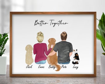 Personalized Couple Portrait With Pets,Anniversary Gift,Family Dog Portrait,Pet And Owner Print,Couple And Pet,Dog Print,Custom Portrait