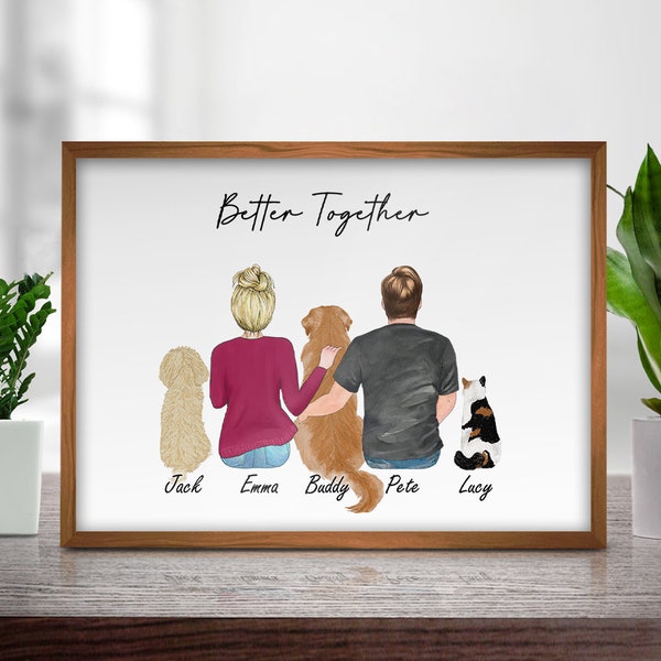 Personalized Couple Portrait With Pets,Anniversary Gift,Family Dog Portrait,Pet And Owner Print,Couple And Pet,Dog Print,Custom Portrait