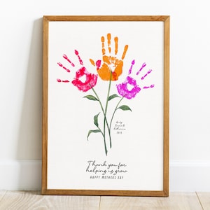 Mothers day art print, Flower Handprint Art Craft, Gift For Grandma, Gift From Kids, Floral Bouquet Mom Mother Meaningful Gift for Her