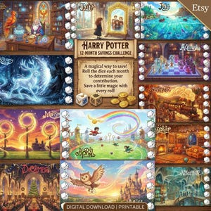 Può includere: Una sfida di risparmio di 12 mesi a tema Harry Potter stampabile, con dodici scene illustrate che rappresentano ogni mese dell'anno, inclusa una pergamena centrale con testo, due dadi a sei facce e un piccolo mucchio di monete d'oro su una superficie in legno.