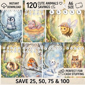 Può includere: Un set di tracker di risparmio digitali formato A6 con illustrazioni di pinguino, ippopotamo, ape, porcellino d'India, pettirosso, volpe e scoiattolo. Ogni carta include cerchi numerati con 5, e il testo 120 CUTE ANIMALS SAVINGS, SAVE 25, 50, 75 & 100, e PERFECT FOR CASH STUFFING.