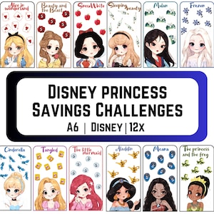 Könnte beinhalten: Eine Sammlung von zwölf Disney Prinzessinnen Spar-Challenges, jede mit einer anderen Prinzessin. Die A6-Karten enthalten Illustrationen von Alice, Belle, Schneewittchen, Aurora, Mulan, Elsa, Aschenputtel, Rapunzel, Arielle, Jasmin, Moana und Tiana.