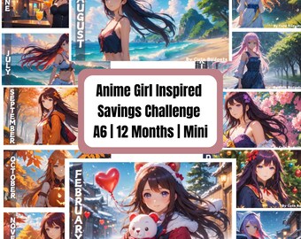 Puede incluir: Un collage de ilustraciones estilo anime, cada una representando un mes del año. La imagen central dice "Anime Girl Inspired Savings Challenge A6 | 12 Months | Mini". Cada imagen presenta una chica anime diferente en varios escenarios.