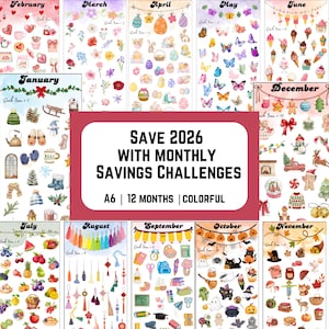 May include: A colorful sticker sheet set for monthly savings challenges. Each sheet is themed for a different month, with illustrations of seasonal items like butterflies, ice cream, and pumpkins. The text reads "SAVE 2026 WITH MONTHLY SAVINGS CHALLENGES".