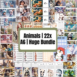 May include: A collection of illustrated animal-themed stickers and budget sheets. The central text reads "Animals | 22x A6 | Huge Bundle." The images include various animals like foxes, cats, penguins, and dragons, with some featuring holiday themes.