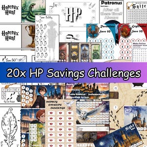 May include: A collection of printable savings challenges with a fantasy theme. The image includes various designs with text such as "Horcrux Hunt", "Save Dobby", and "20x HP Savings Challenges". The designs feature illustrations and themed elements.