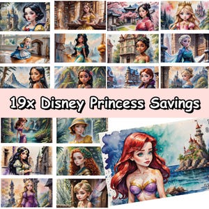 Könnte beinhalten: Eine Sammlung von 19 Aquarellillustrationen von Disney-Prinzessinnen. Jede Prinzessin wird in einer einzigartigen Umgebung dargestellt, mit einem Spar-Kalender. Der Text "19x Disney Princess Savings" ist prominent dargestellt.
