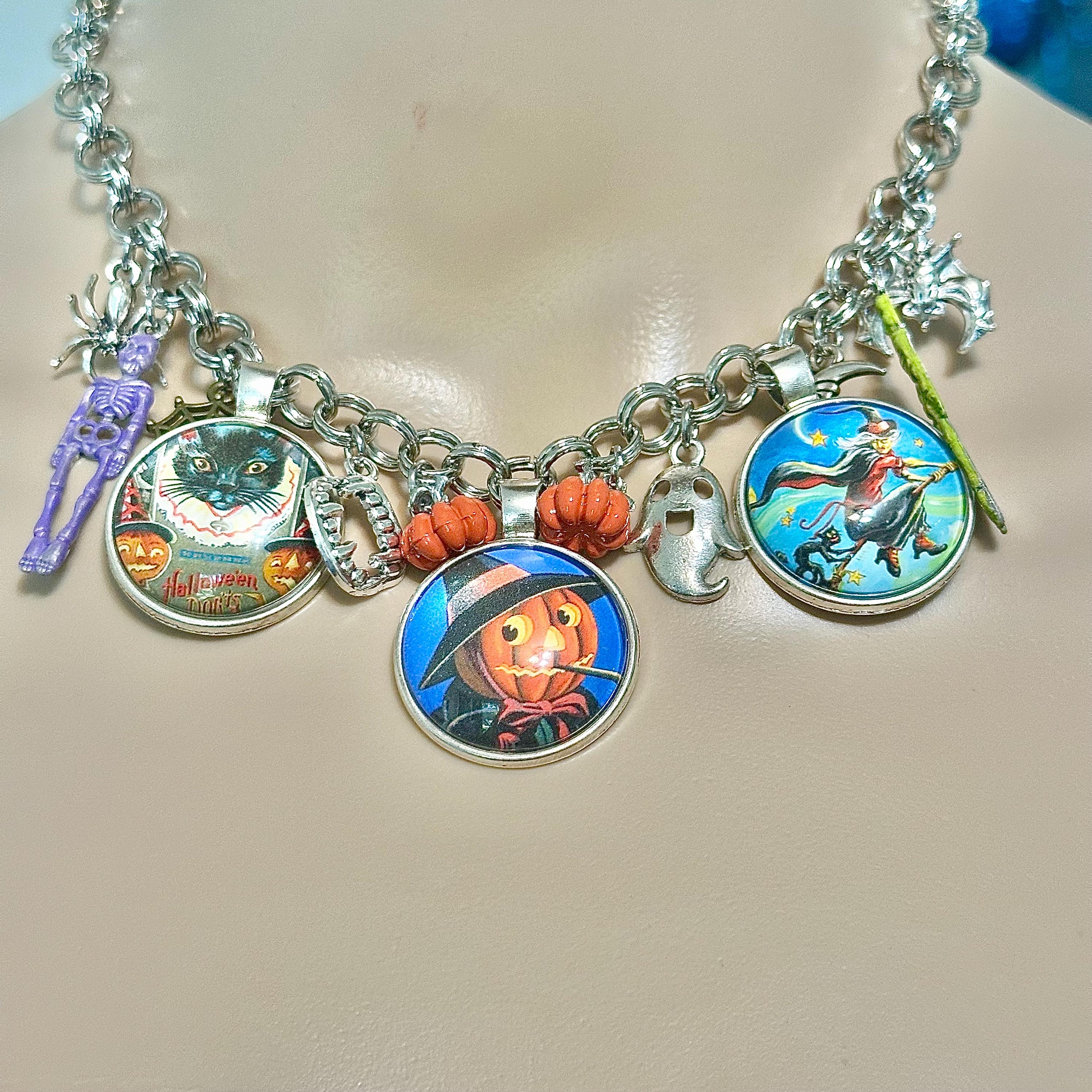 Vintage Halloween Charm Necklace Illustration Pendants Witch Cat Jack O ...