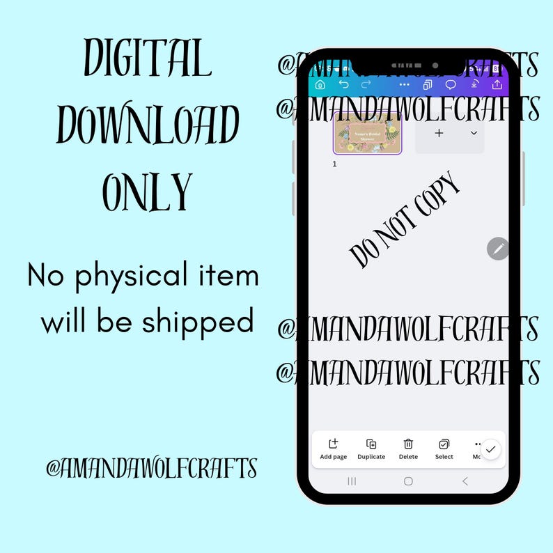 Peut inclure: Un smartphone affiche un design num&eacute;rique, avec le texte &laquo; T&Eacute;L&Eacute;CHARGEMENT NUM&Eacute;RIQUE UNIQUEMENT &raquo; et &laquo; NE PAS COPIER &raquo;. L'image indique &eacute;galement &laquo; Aucun article physique ne sera exp&eacute;di&eacute; &raquo;. Le fond est bleu clair.